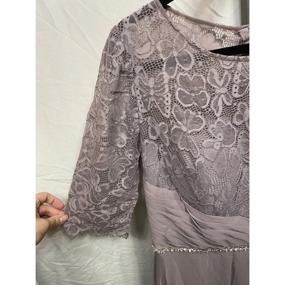 JJ's House dusty Mauve Lace Chiffon Gown with Rhinestone Belt 3/4 Sleeve Dress - Picture 3 of 6